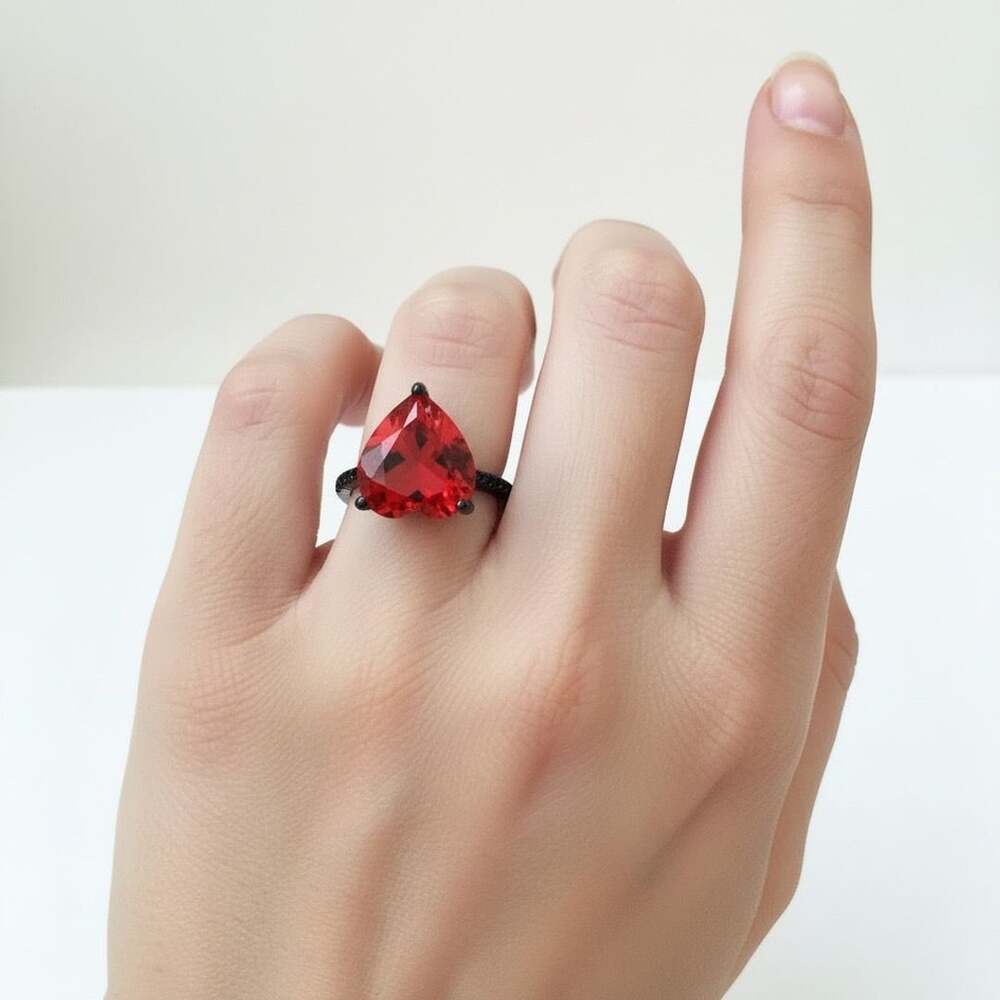 Heart Cut Red Crystal Black Ring Size 8